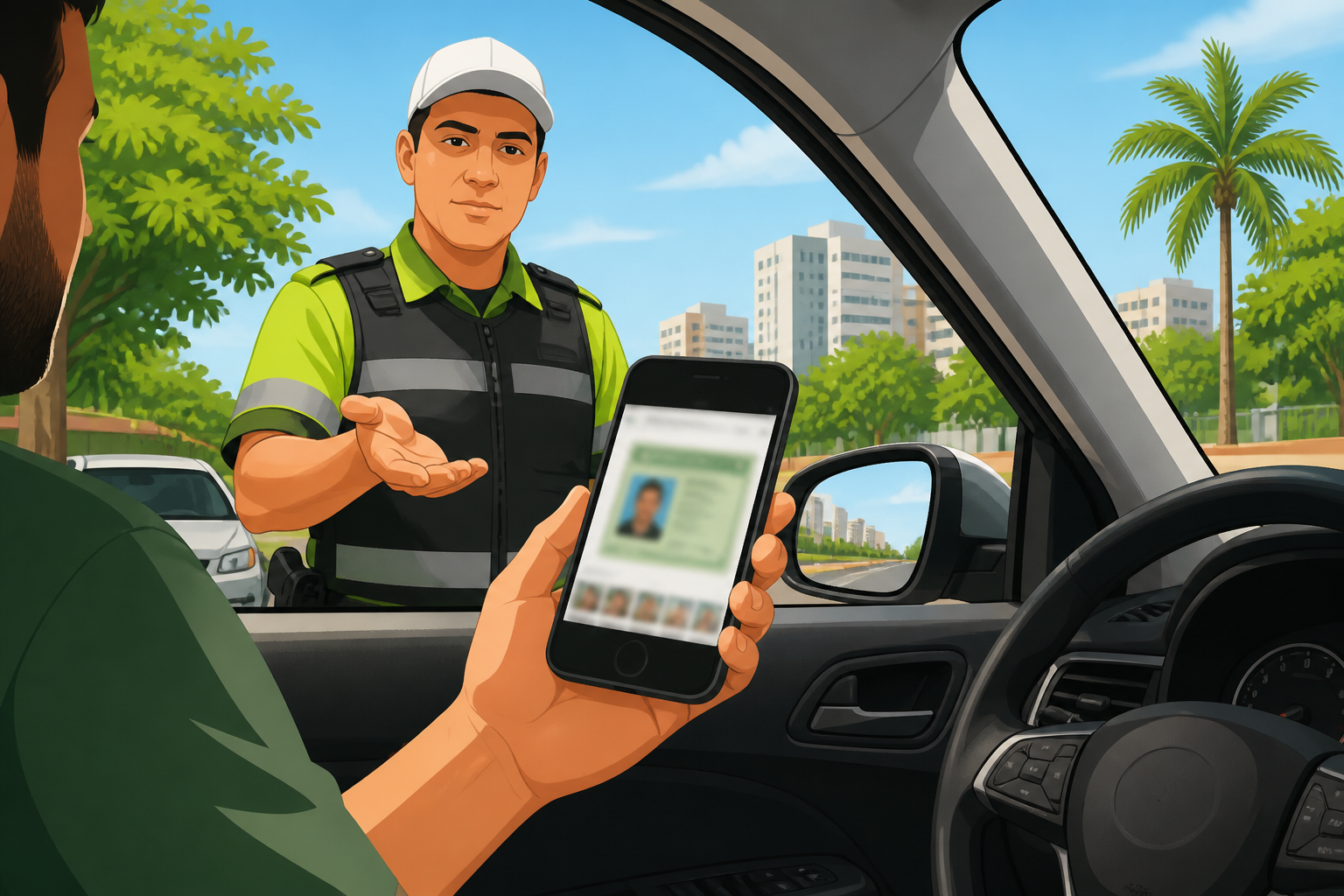 Motorista mostrando print da CNH na galeria do celular durante abordagem de agente de trânsito