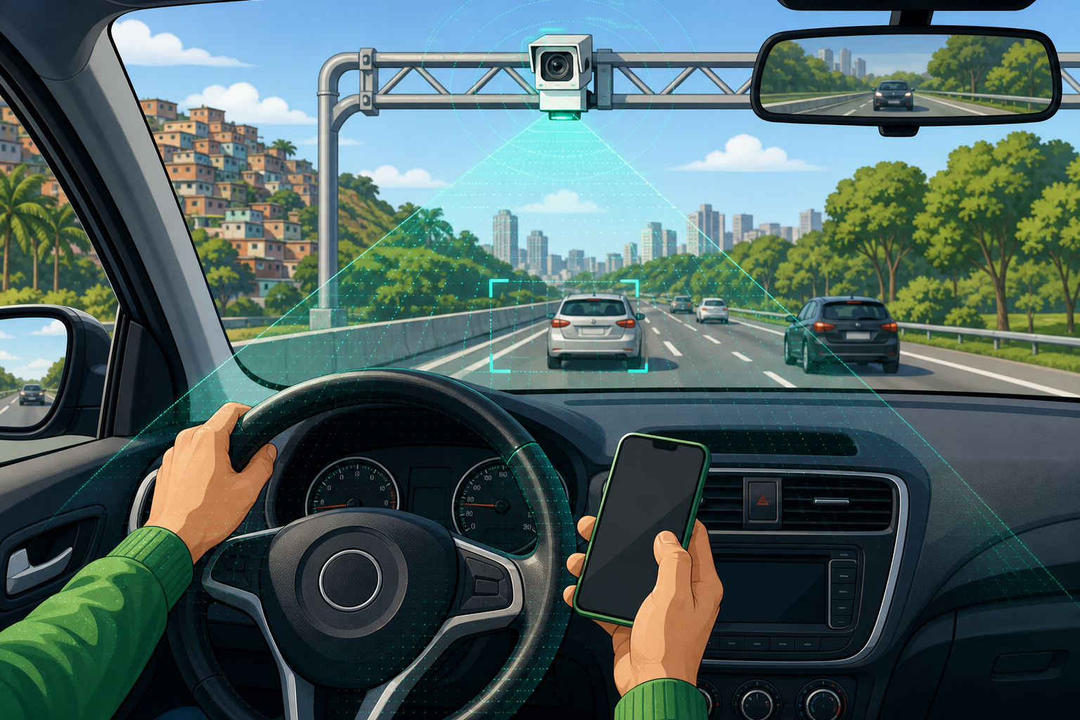 Motorista segurando celular ao volante em rodovia, com câmera de fiscalização com inteligência artificial instalada em pórtico acima da pista