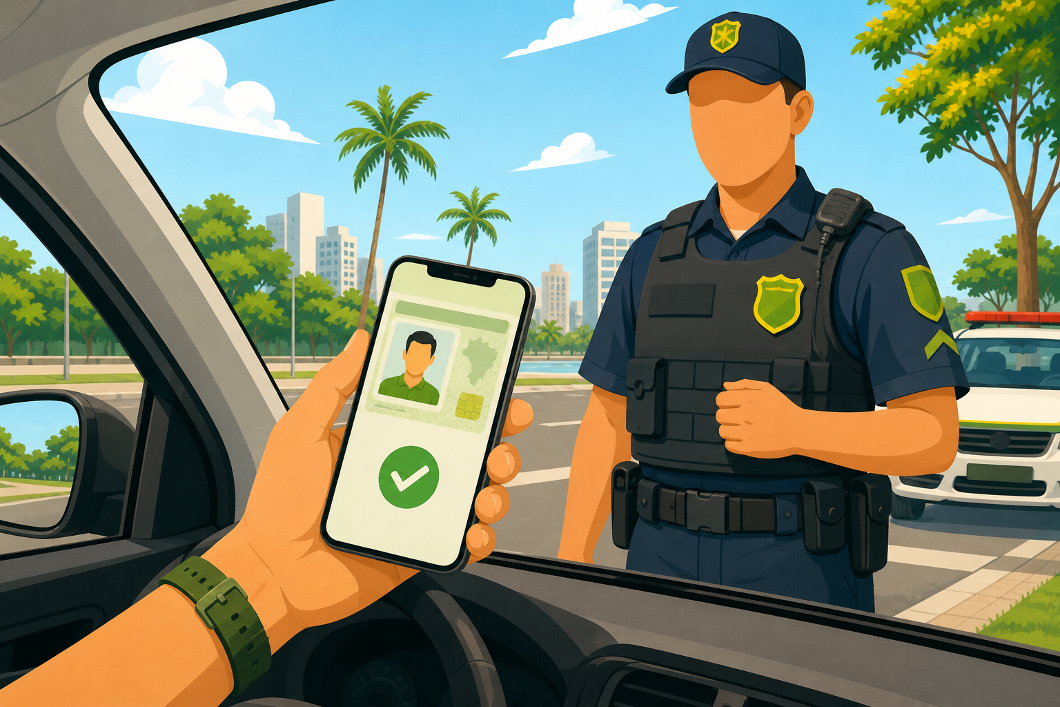 Motorista exibindo CNH digital no aplicativo oficial do celular durante abordagem de blitz, com agente de trânsito ao fundo