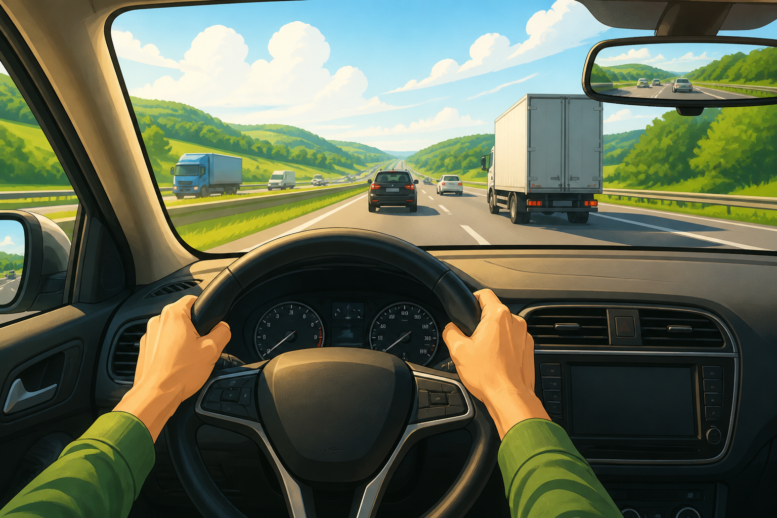 Motorista com as mãos no volante em rodovia brasileira movimentada, representando o excesso de confiança ao volante
