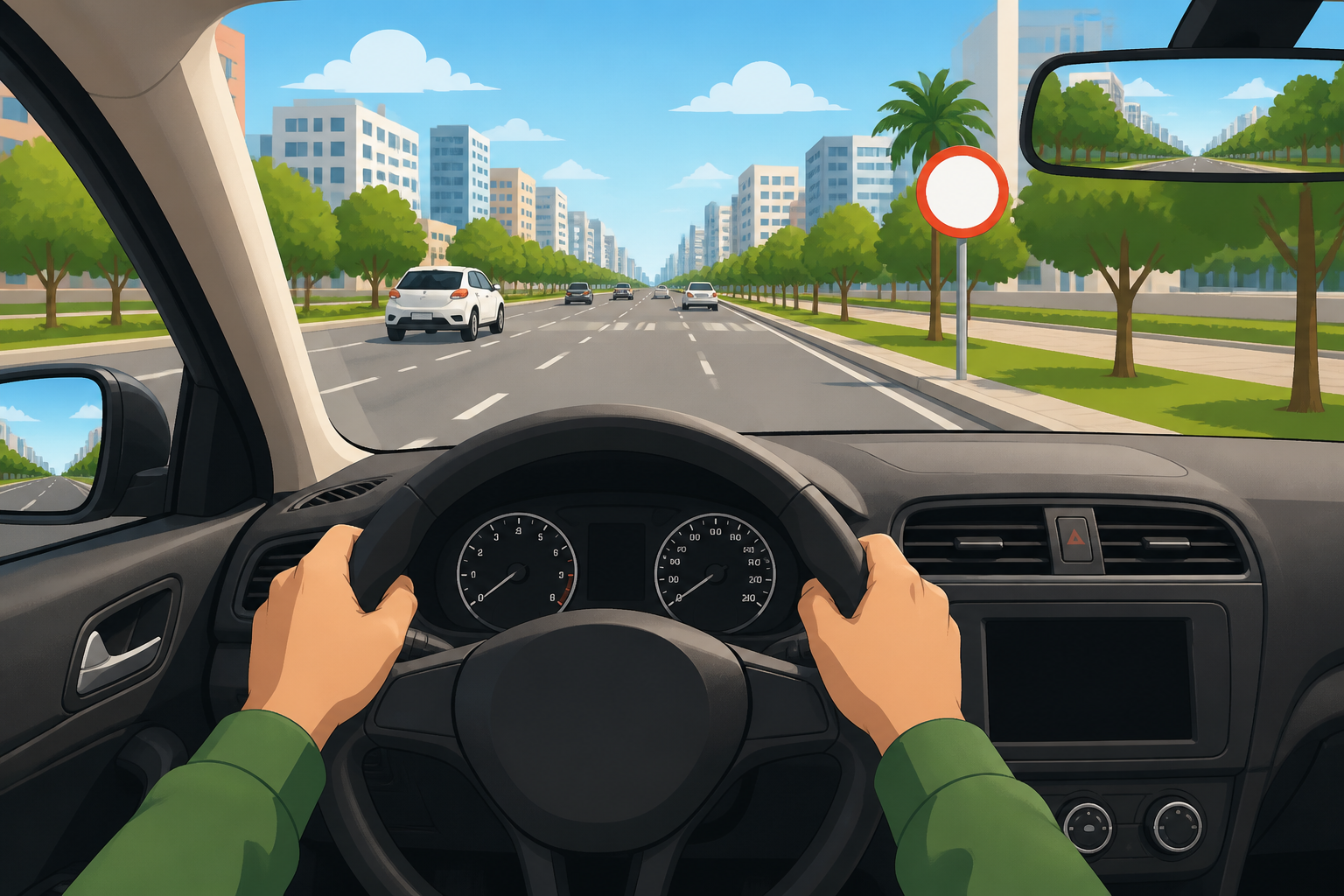 Motorista ao volante em avenida larga e reta com múltiplas faixas, ilustrando como o design viário pode induzir aceleração sem que o condutor perceba