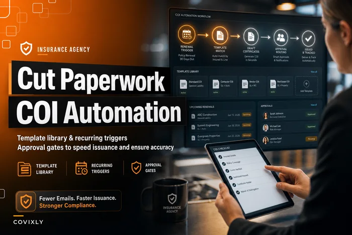 Cut COI paperwork for commercial lines: template library, recurring triggers and approval gates