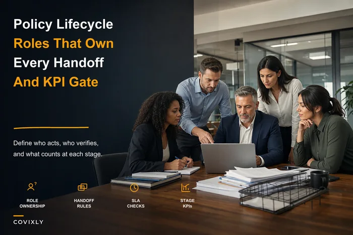 Operational blueprint for policy lifecycle management: roles, handoffs and stage KPIs