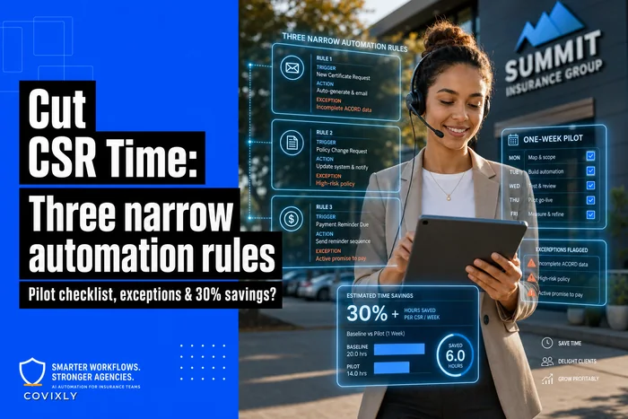 Three automation rules that cut CSR time per policy by 30% (pilot checklist and exceptions)