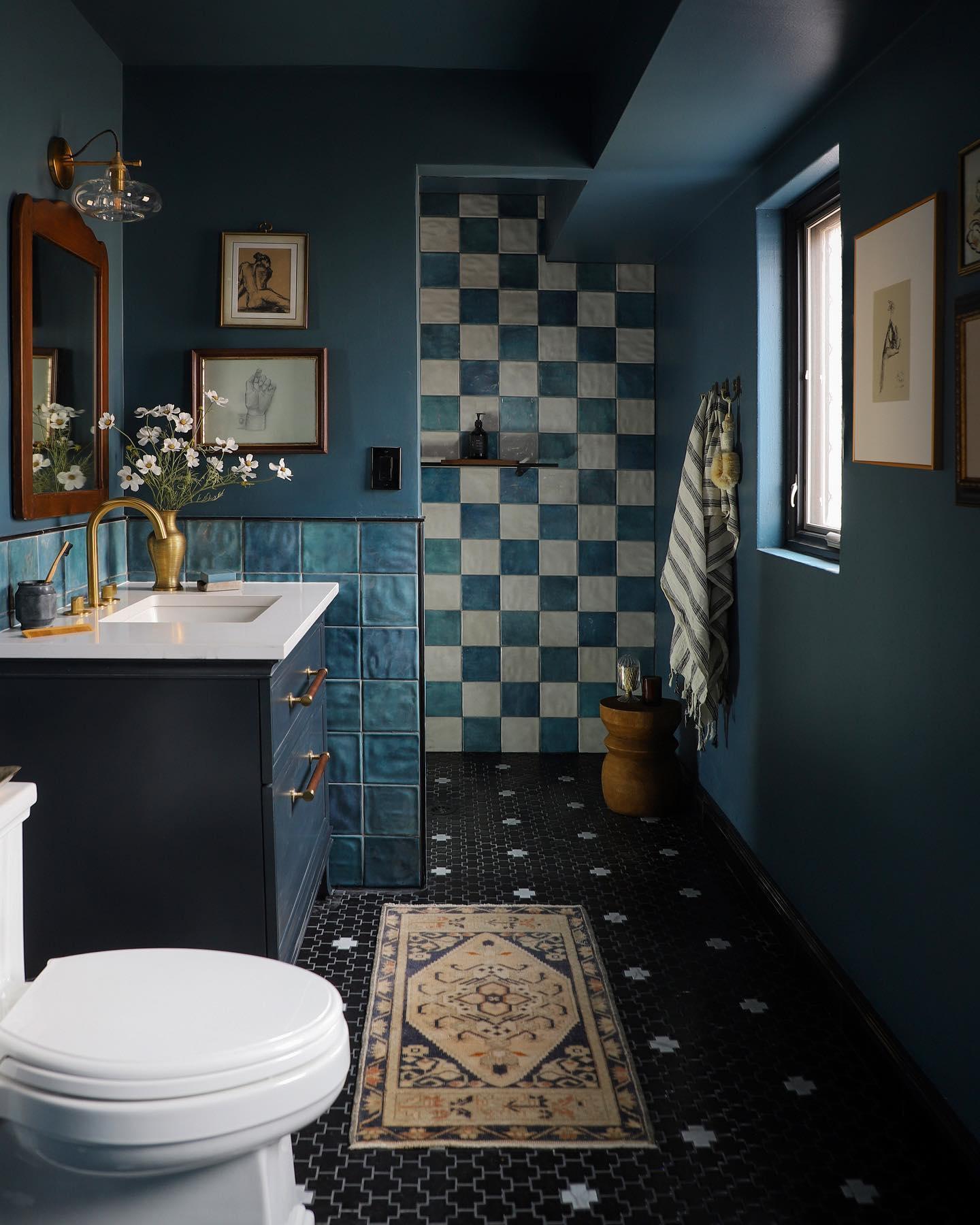 Artisanal Mediterranean Sanctuary: Marrakesh Zellige Wall Tiles and Matte Black Cross Porcelain Flooring