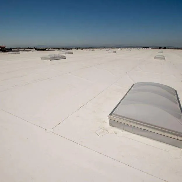 Expansive flat white rooftop with skylights under a clear blue sky.