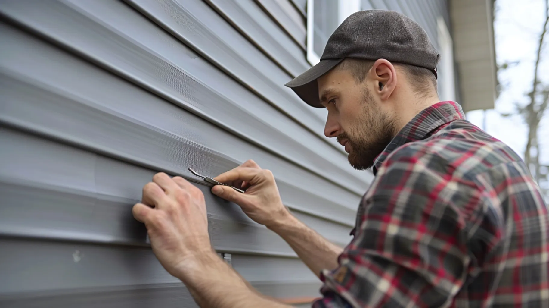 Man in plaid shirt and cap using a tool to inspect or adjust house siding.