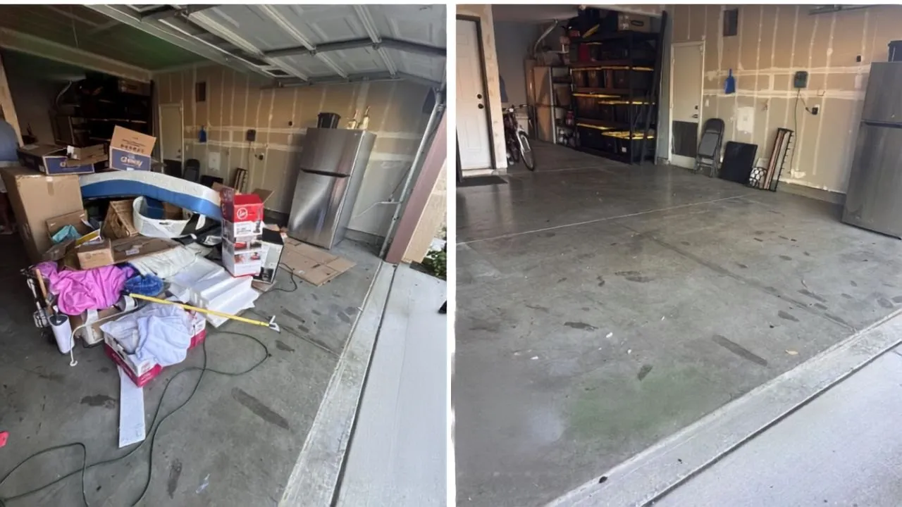 Before-and-after of same-day residential junk removal in Green Valley, CA, by Martinez Junk Removal, showing a garage packed with cardboard boxes and debris completely cleared.