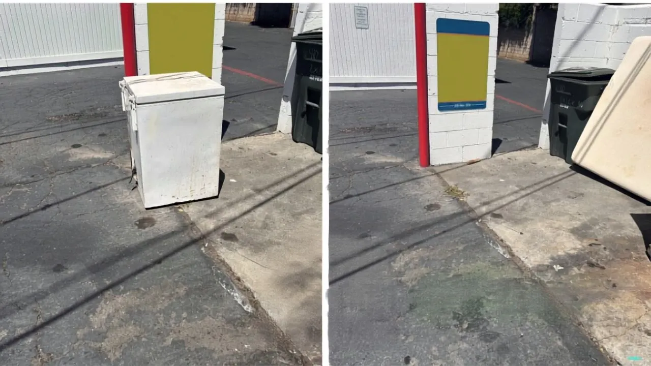 Before and after appliance removal services by Martinez Junk Removal, showing an old white freezer hauled away from a commercial driveway in Green Valley, CA.