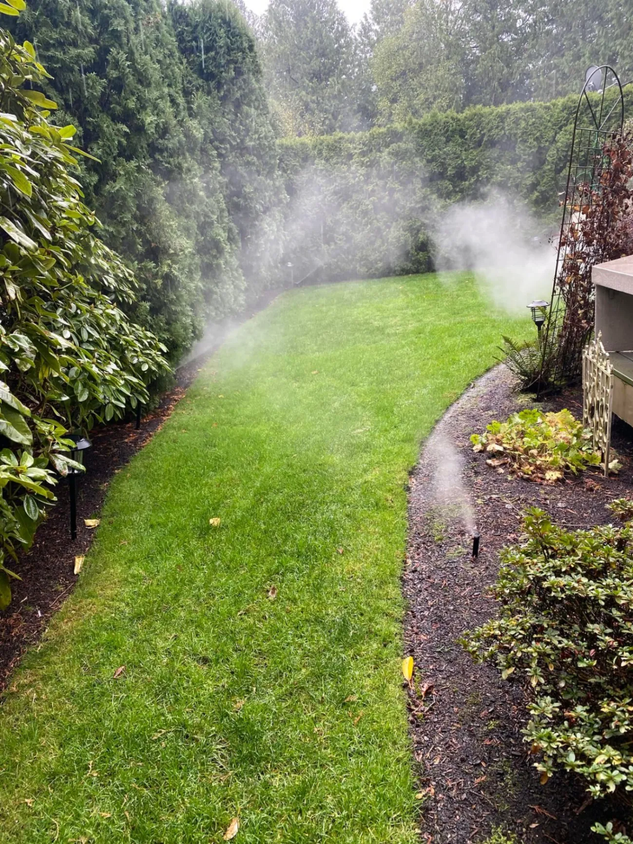 Workers installing a drainage system in a large yard, digging trenches and laying a black drainage pipe surrounded by green grass and trees in the distance.