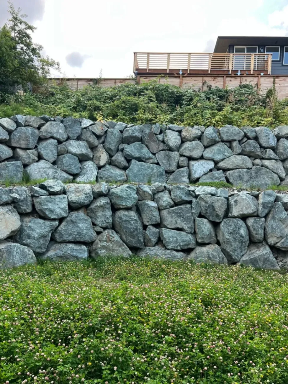 A large stone retaining wall with multiple tiers, covered in greenery and wild plants, with a house and wooden fence at the top.