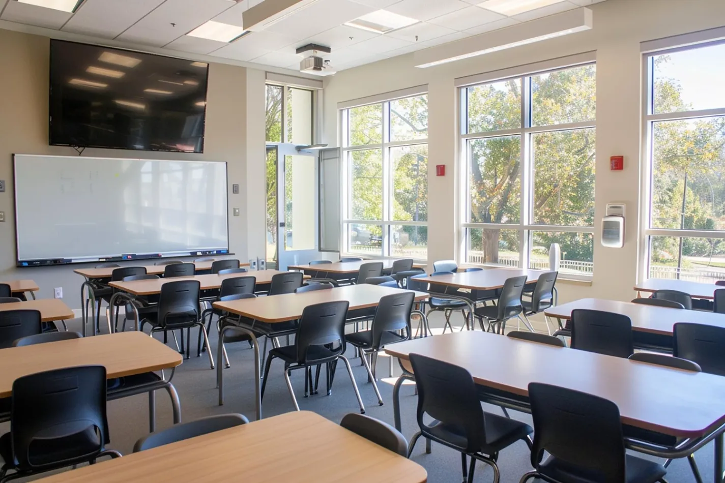 Clean and sanitized classroom maintained by professional commercial cleaning services