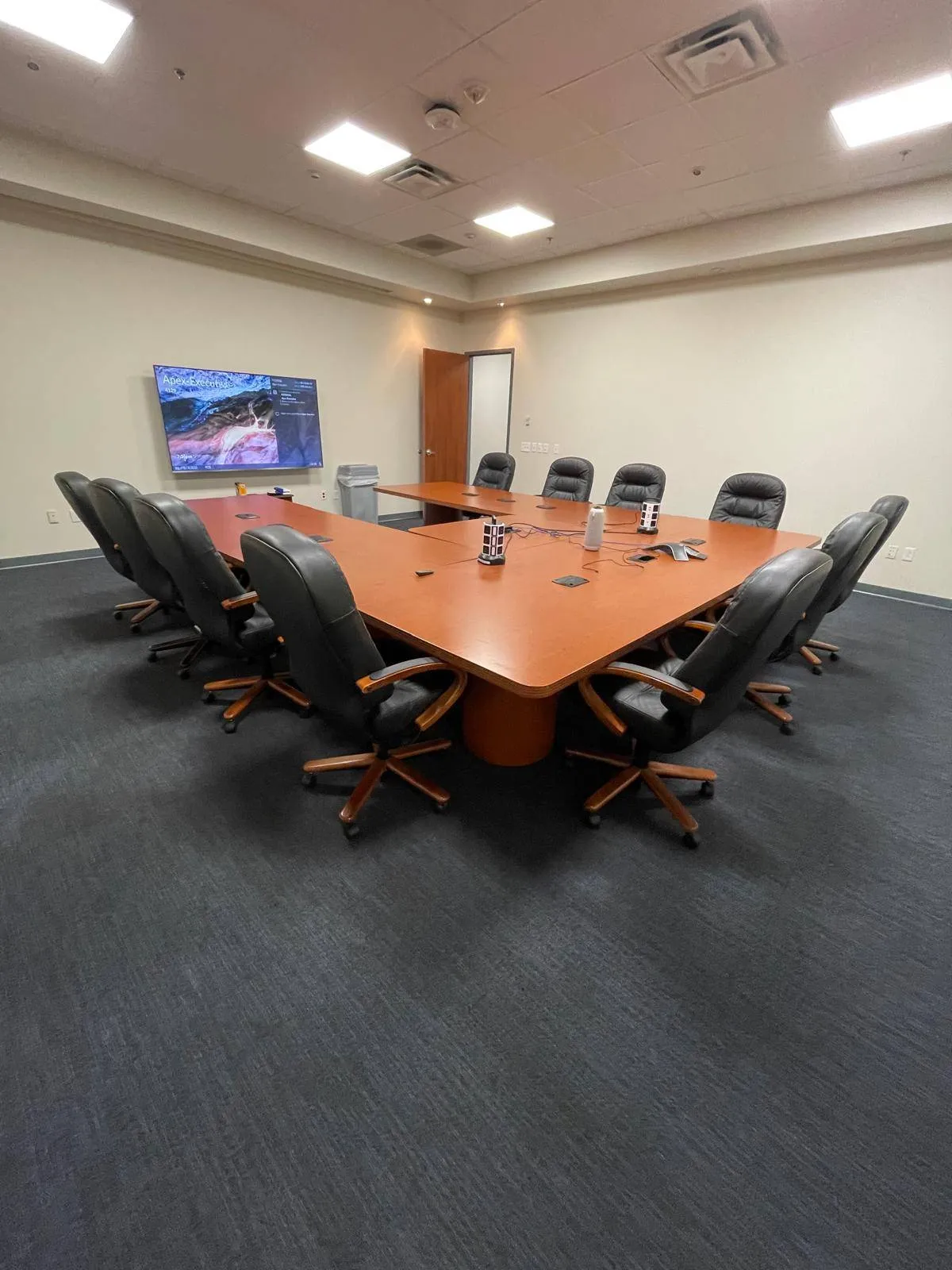 Conference room with large wooden table, black leather chairs, wall-mounted TV, and modern ceiling lighting