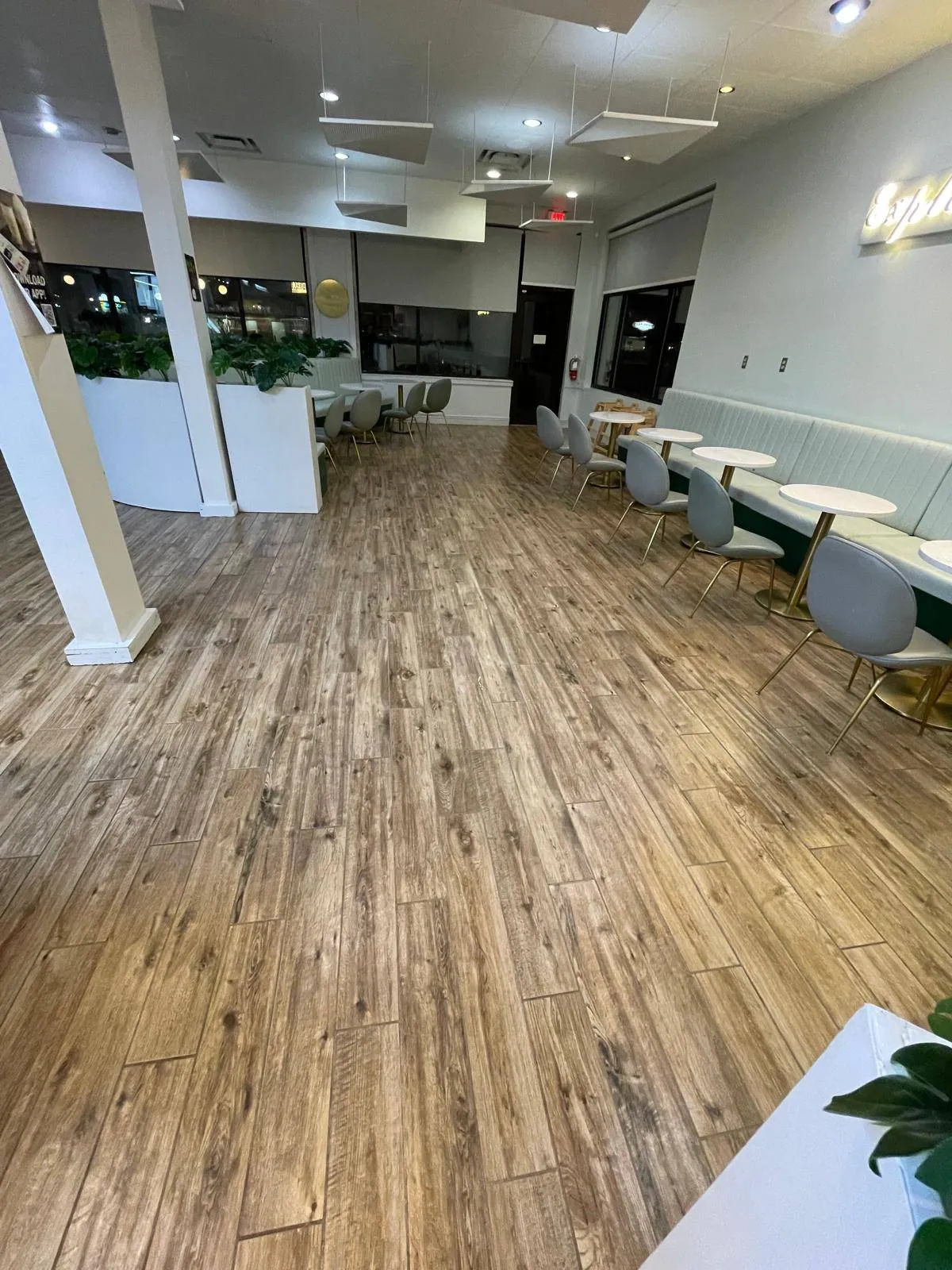 Modern café interior with wooden flooring, round white tables paired with gray chairs, a cushioned bench along the wall, and decorative plants near white columns.