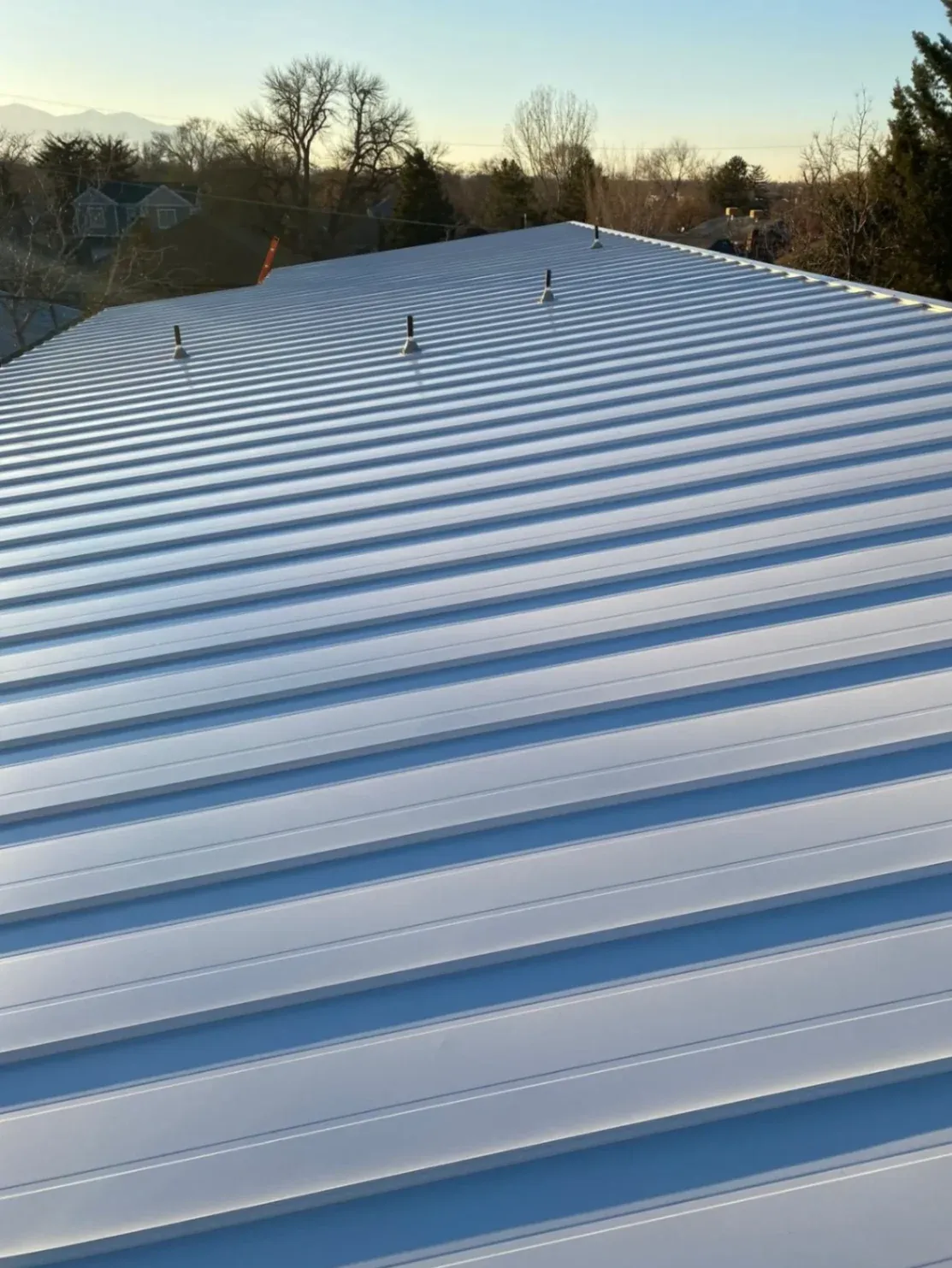 Close-up of a standing seam metal roof with horizontal panels and visible fasteners, showcasing a clean, modern design.