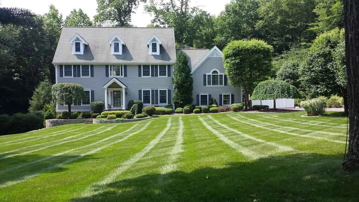 A large, manicured front lawn with crisp mowing lines and neatly trimmed shrubs framing a two story home. All this neatness thanks to our lawn care services in New Milford, CT.
