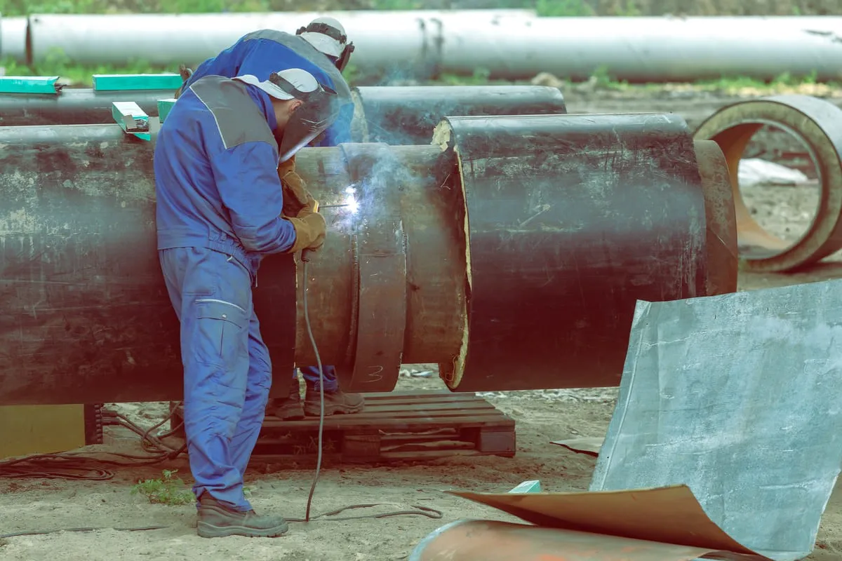 Abel Welding Services offers AWS-certified high-pressure pipe welding to pass X-ray tests. Welders welding joints on large insulated steel district heating pipe with electric welding.