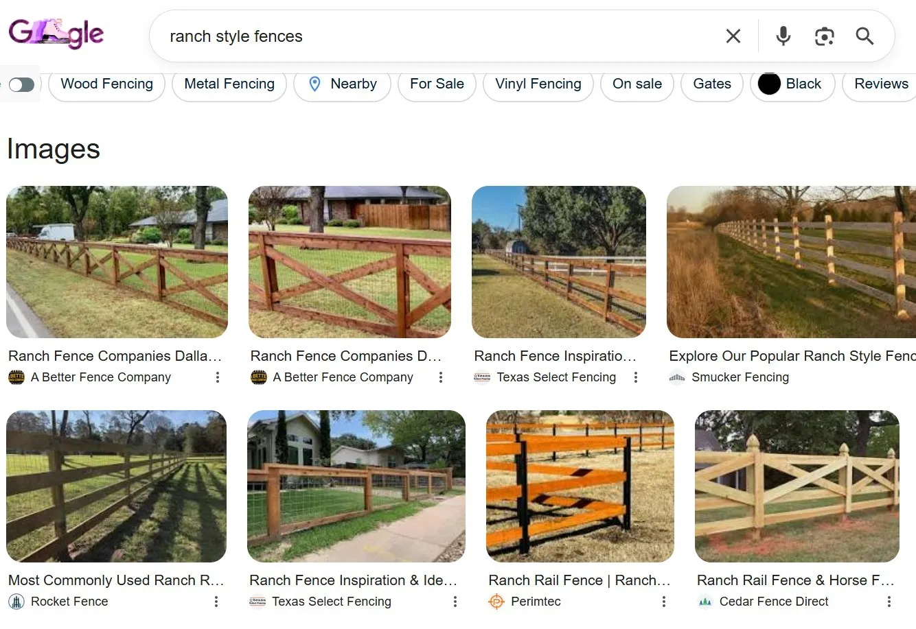 This image shows the Google search result of "ranch style fences." You can find hog wire, crossbuck rail, and split rail fences.