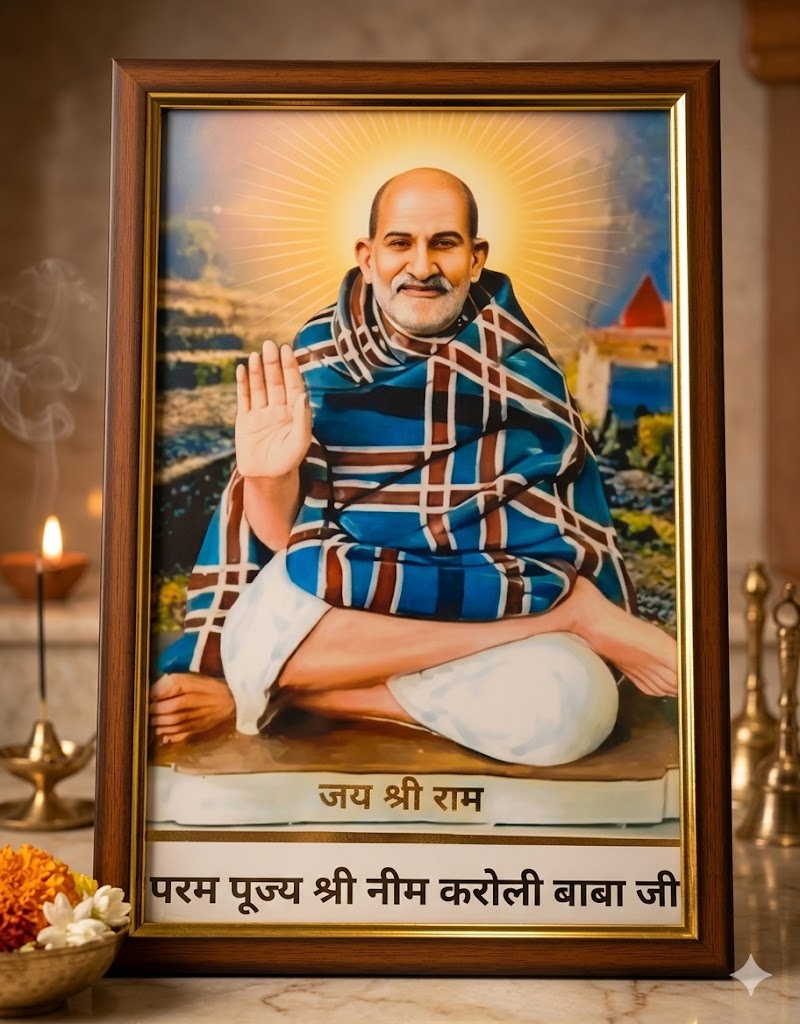 Features a serene portrait of Neem Karoli Baba Ji with "Jai Shree Ram" and his name elegantly printed at the bottom.