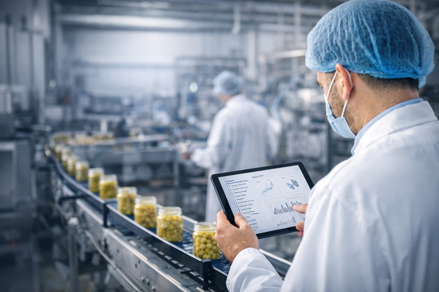 Responsabile qualità controlla la linea produttiva in uno stabilimento alimentare durante un’ispezione HACCP