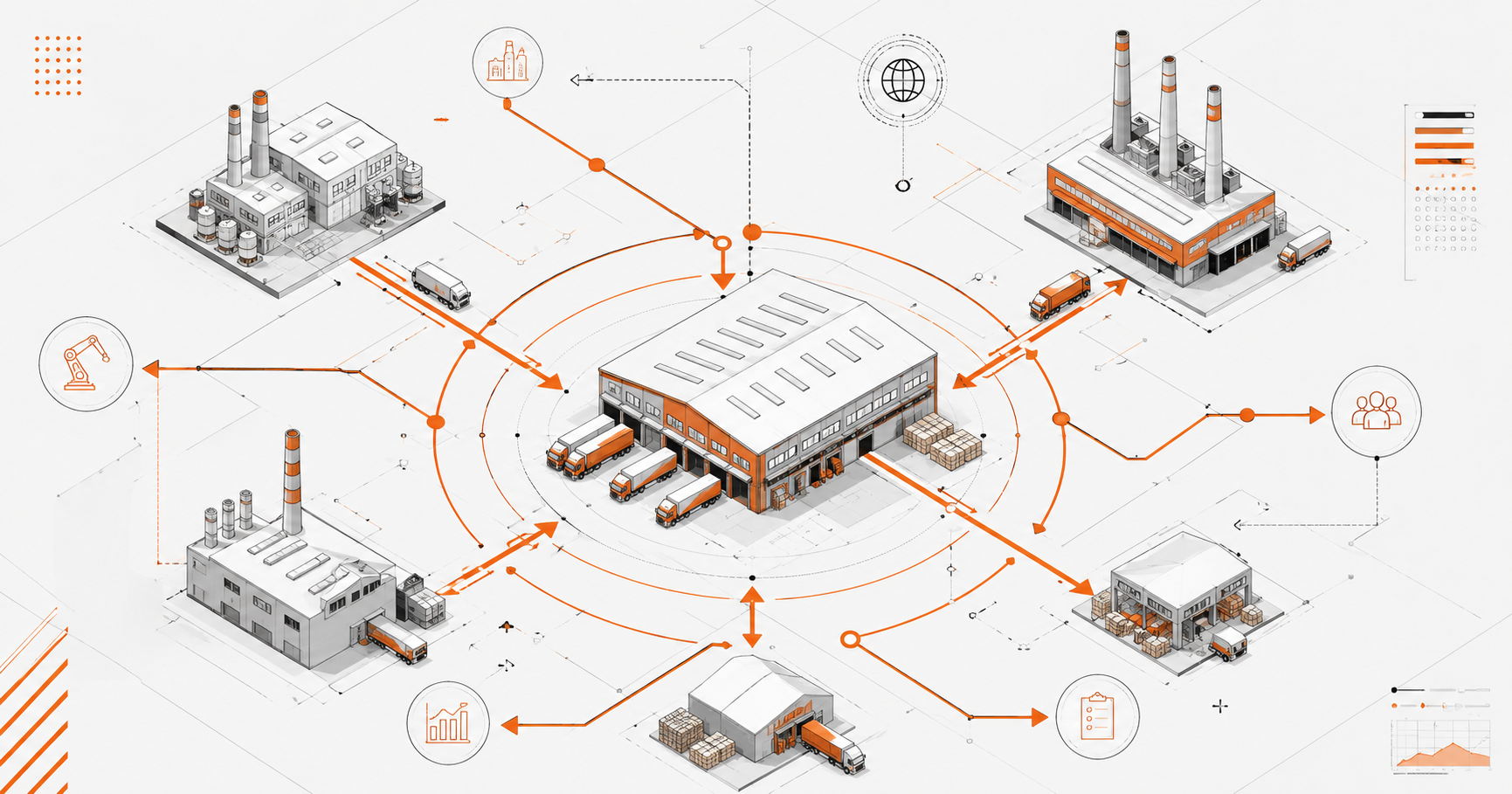 Schema isometrico di un polo logistico aziendale collegato a stabilimenti produttivi, con flussi operativi tra magazzino, fabbriche e trasporti.