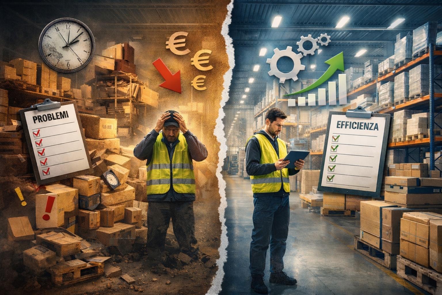 Confronto visivo tra un magazzino disorganizzato, fonte di costi e inefficienze, e un magazzino strutturato, governato da processi chiari e orientato al controllo operativo.