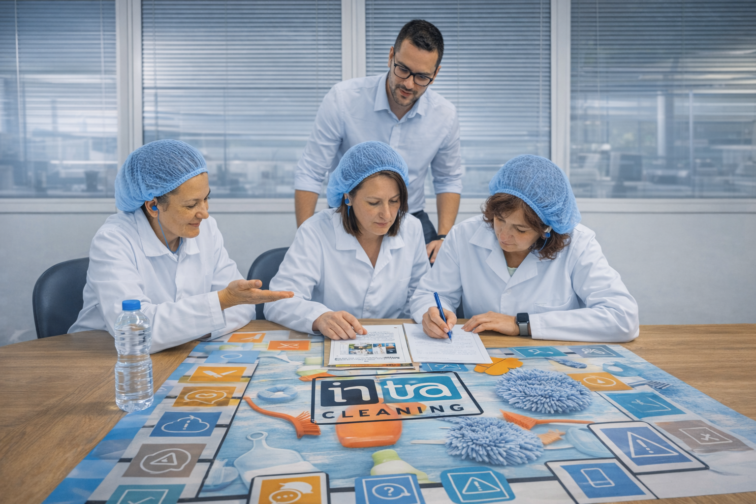 Sessione di formazione per operatori addetti alle pulizie HACCP nel settore alimentare, con esercitazione pratica tramite Cleaning Games e supervisione in aula.