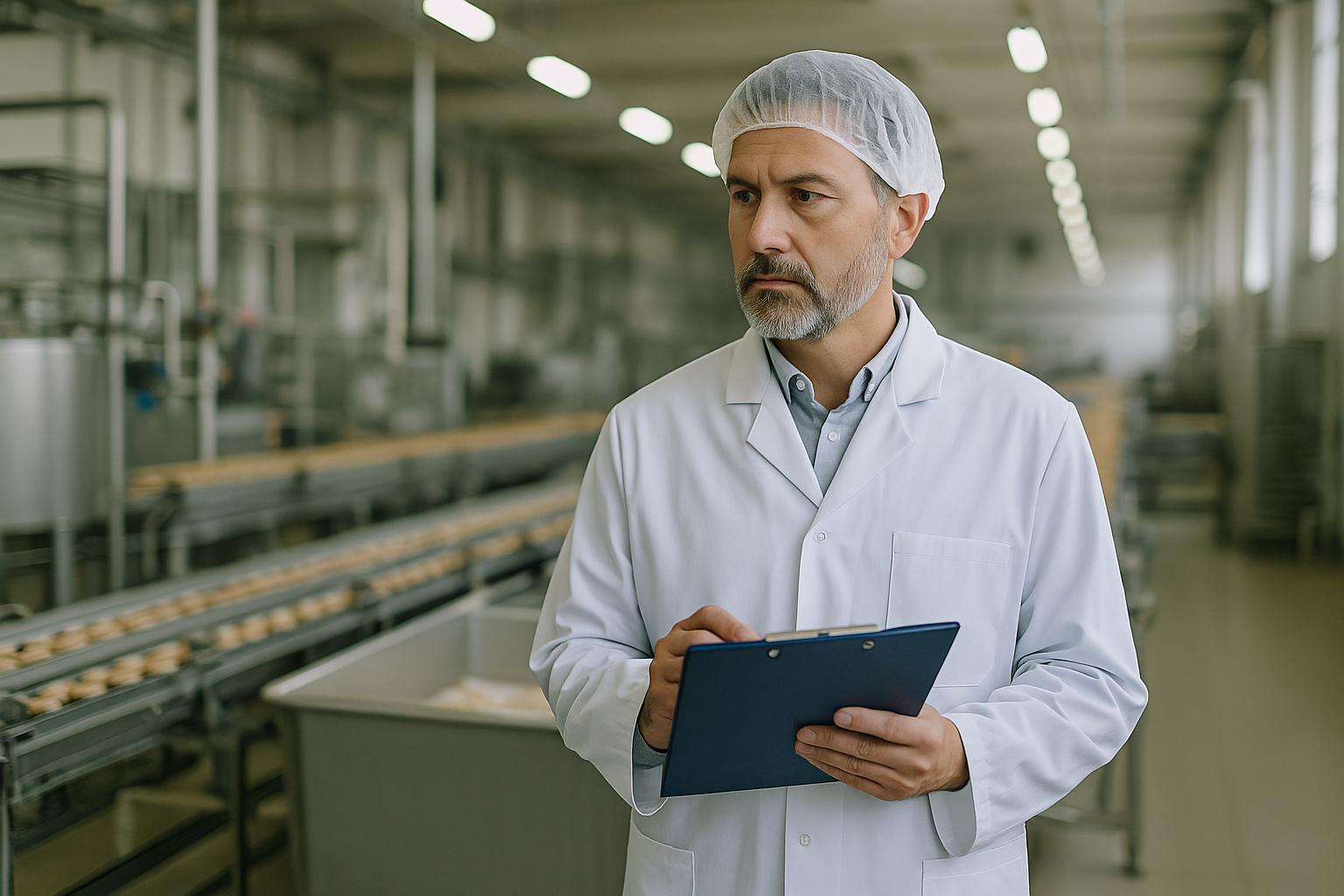 Responsabile di produzione in uno stabilimento alimentare industriale osserva le linee di lavorazione con un clipboard in mano durante un controllo operativo.
