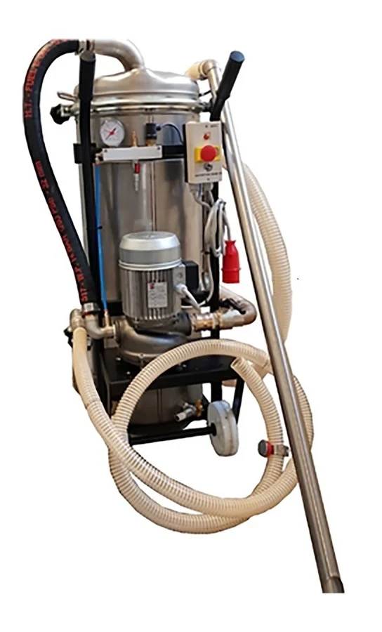 Ecco una possibile didascalia per questa immagine:

Questo sembra un'unità di filtrazione portatile per liquidi, probabilmente utilizzata in contesti industriali o di produzione. La macchina presenta un cilindro in acciaio inossidabile montato su un carrello con ruote, con un motore nella parte inferiore. Ci sono tubi e raccordi multipli, insieme a un pannello di controllo con un pulsante di arresto di emergenza. La configurazione suggerisce che è progettata per la filtrazione di liquidi mobile in loco.