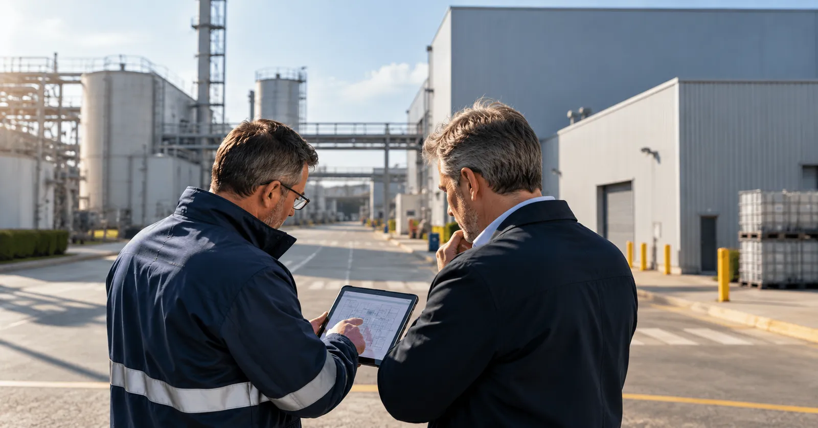 Due responsabili pianificano il cambio appalto delle pulizie industriali davanti a uno stabilimento