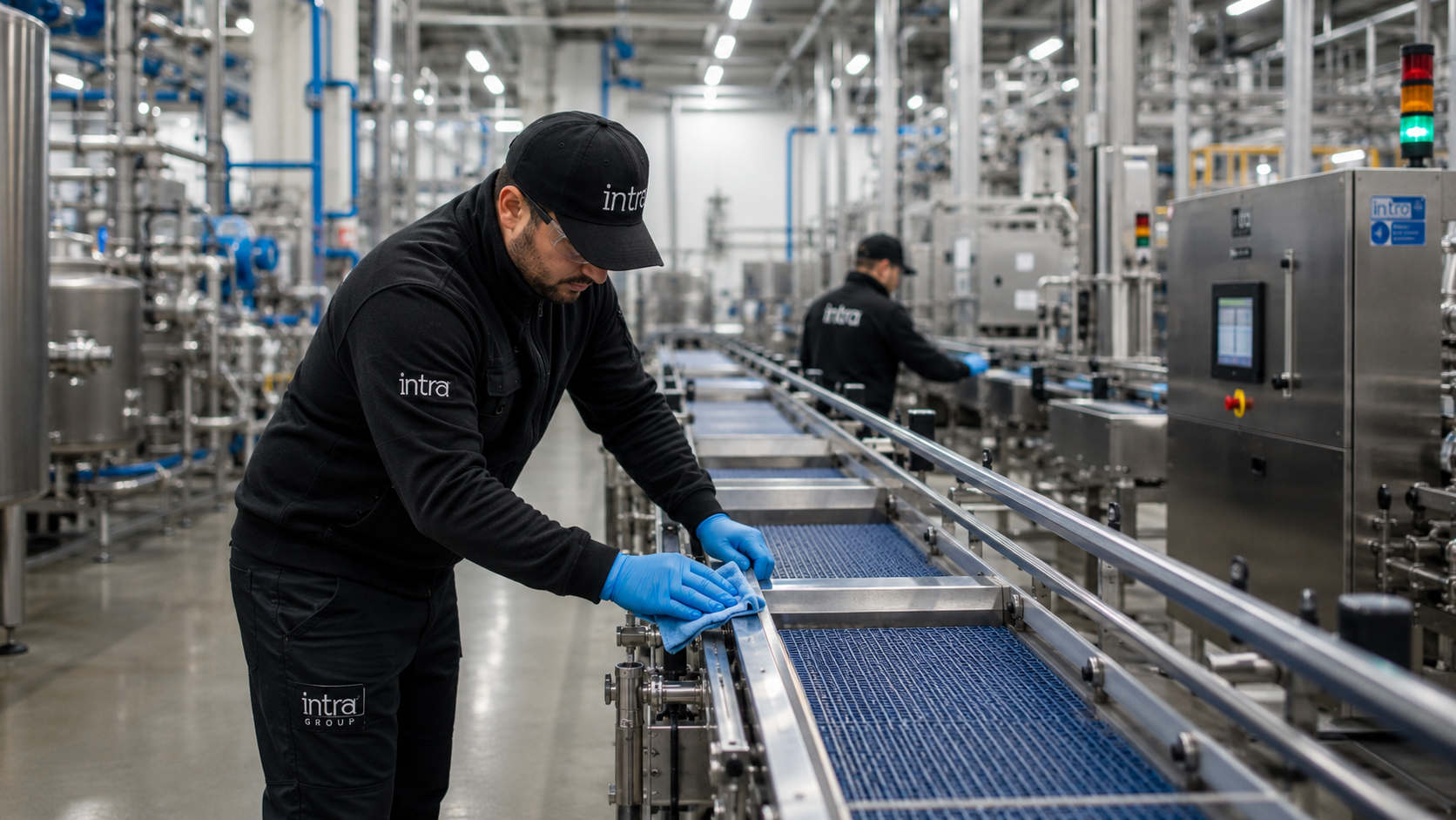 Due operatori con divisa Intra eseguono la pulizia di una linea produttiva industriale all’interno di uno stabilimento.
