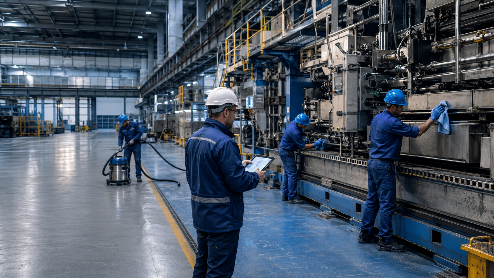 Operatori specializzati eseguono pulizie tecniche su macchinari industriali durante il fermo produzione, con supervisione operativa in stabilimento.