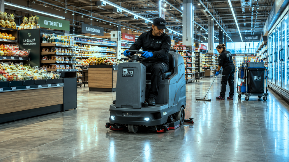 Pulizia professionale in supermercato GDO con operatori Intra, lavasciuga pavimenti e presidio manuale tra le corsie