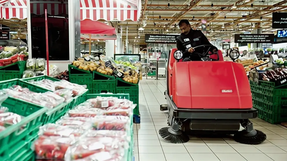 Ecco una possibile didascalia per l'immagine:

"Un custode guida un'idropulitrice a bordo in un negozio di alimentari pieno di prodotti."