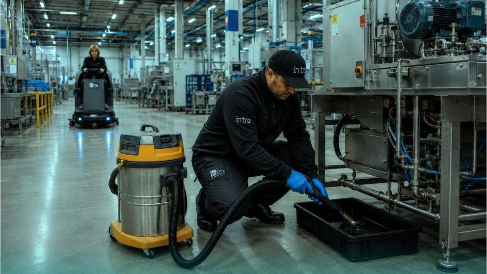 Operatore Intra durante la pulizia industriale di un macchinario in uno stabilimento produttivo