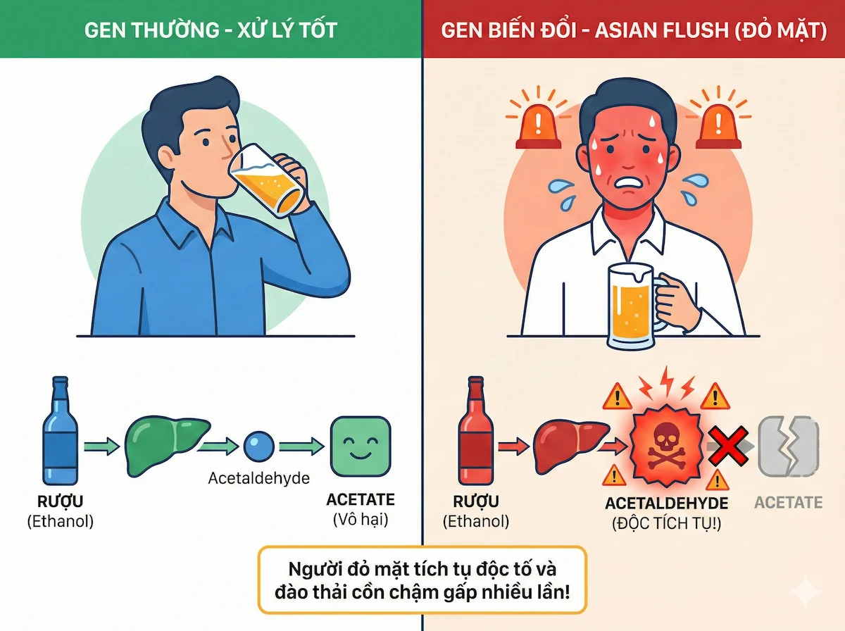 Chứng đỏ mặt sau khi uống rượu bia (Asian Flush) là dấu hiệu gan đang quá tải và thiếu hụt enzyme chuyển hóa cồn.