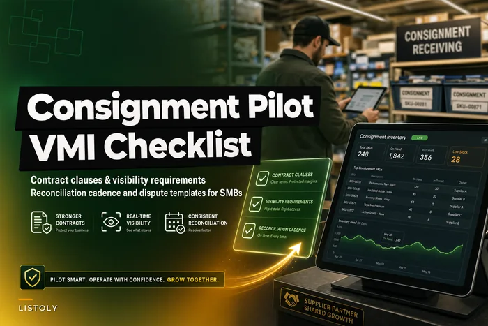 A consignment/VMI pilot checklist for small buyers: contract clauses, visibility needs and reconciliation cadence