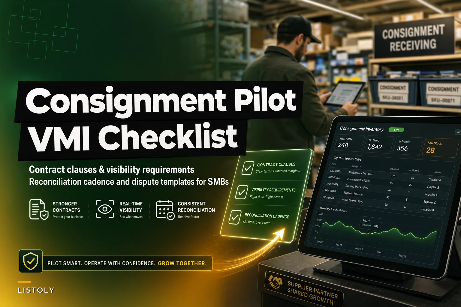 A Consignment/VMI Pilot Checklist for Small Buyers: Contract Clauses, Visibility Needs and Reconciliation Cadence