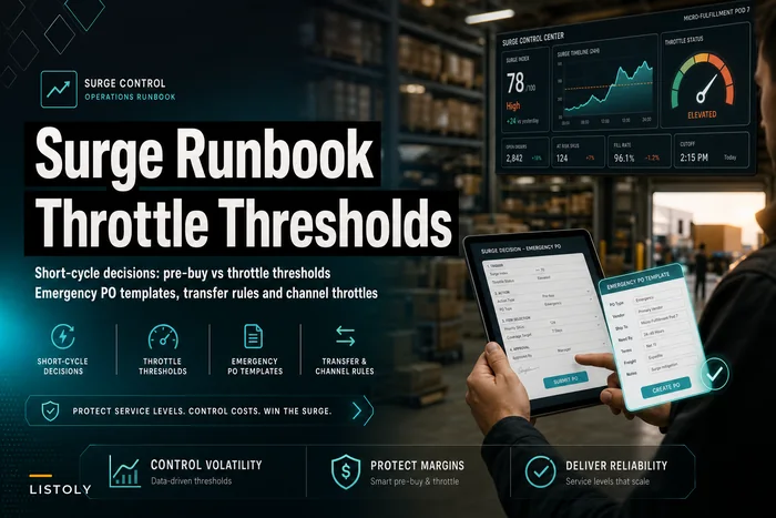 A short-cycle surge runbook: pre-buy vs throttle thresholds and emergency PO templates