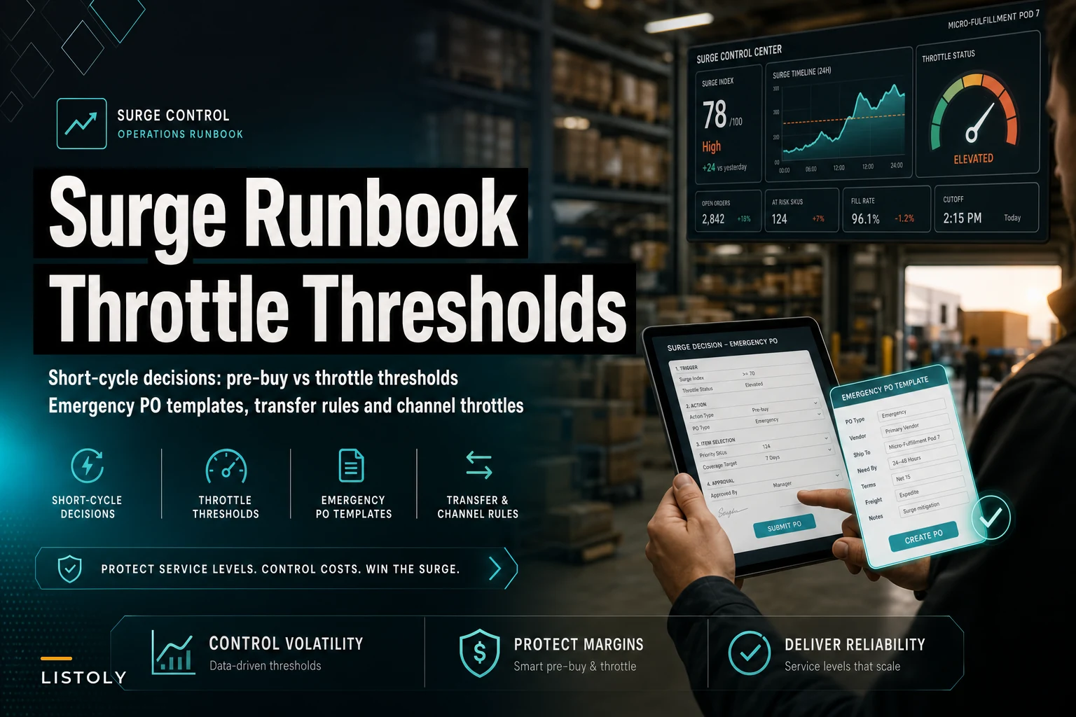 A short-cycle surge runbook: pre-buy vs throttle thresholds and emergency PO templates