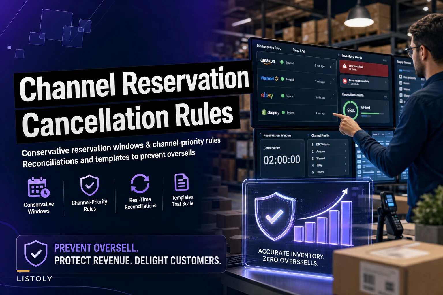Channel-reservation and cancellation rules to prevent oversells across marketplaces