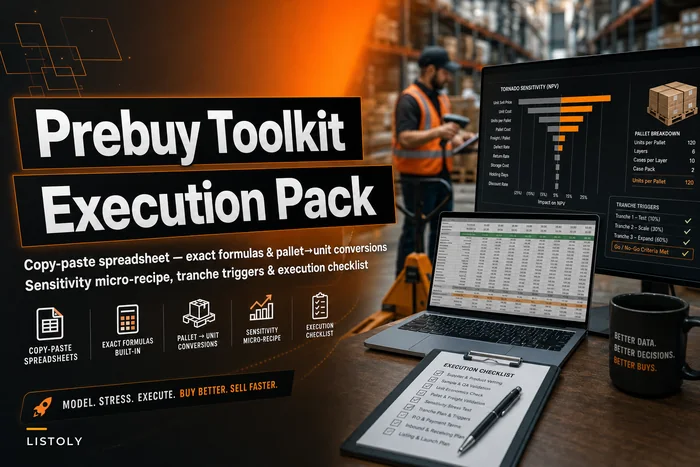 Copy‑paste pre‑buy spreadsheet + execution templates: exact formulas, expanded cost lines, pallet→unit conversions, sensitivity micro‑recipe and tranche triggers