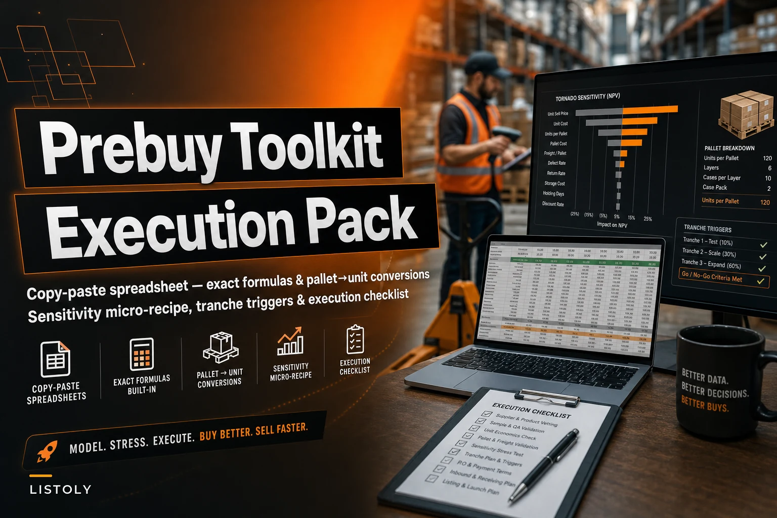 Copy‑paste pre‑buy spreadsheet + execution templates: exact formulas, expanded cost lines, pallet→unit conversions, sensitivity micro‑recipe and tranche triggers