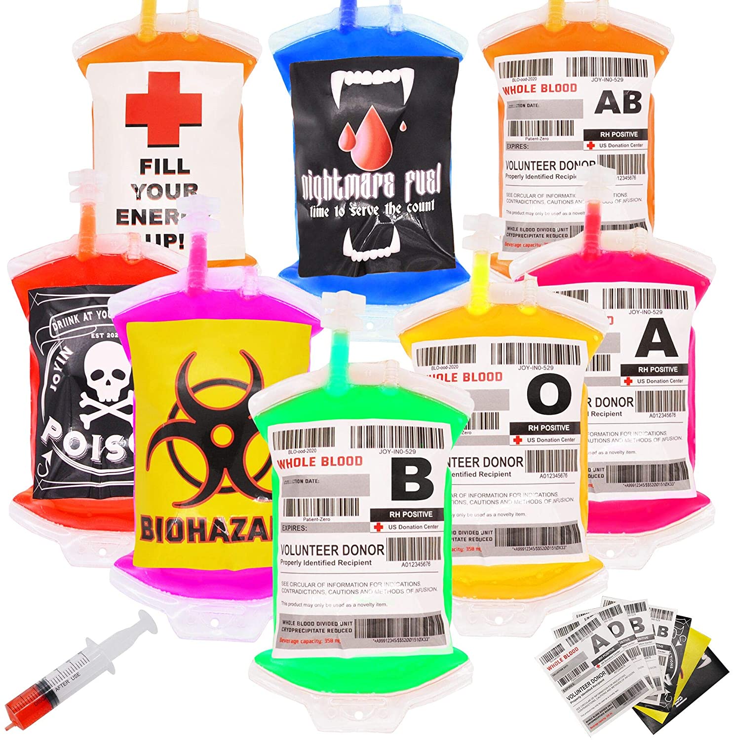 Photo 1 of Blood Bags for Drinks  20Pack Reusable Blood Bag Drink Container and 20 Stickers for Kids Halloween Haunted House Hospital Vampire Zombie Themed Parties 845Ounce