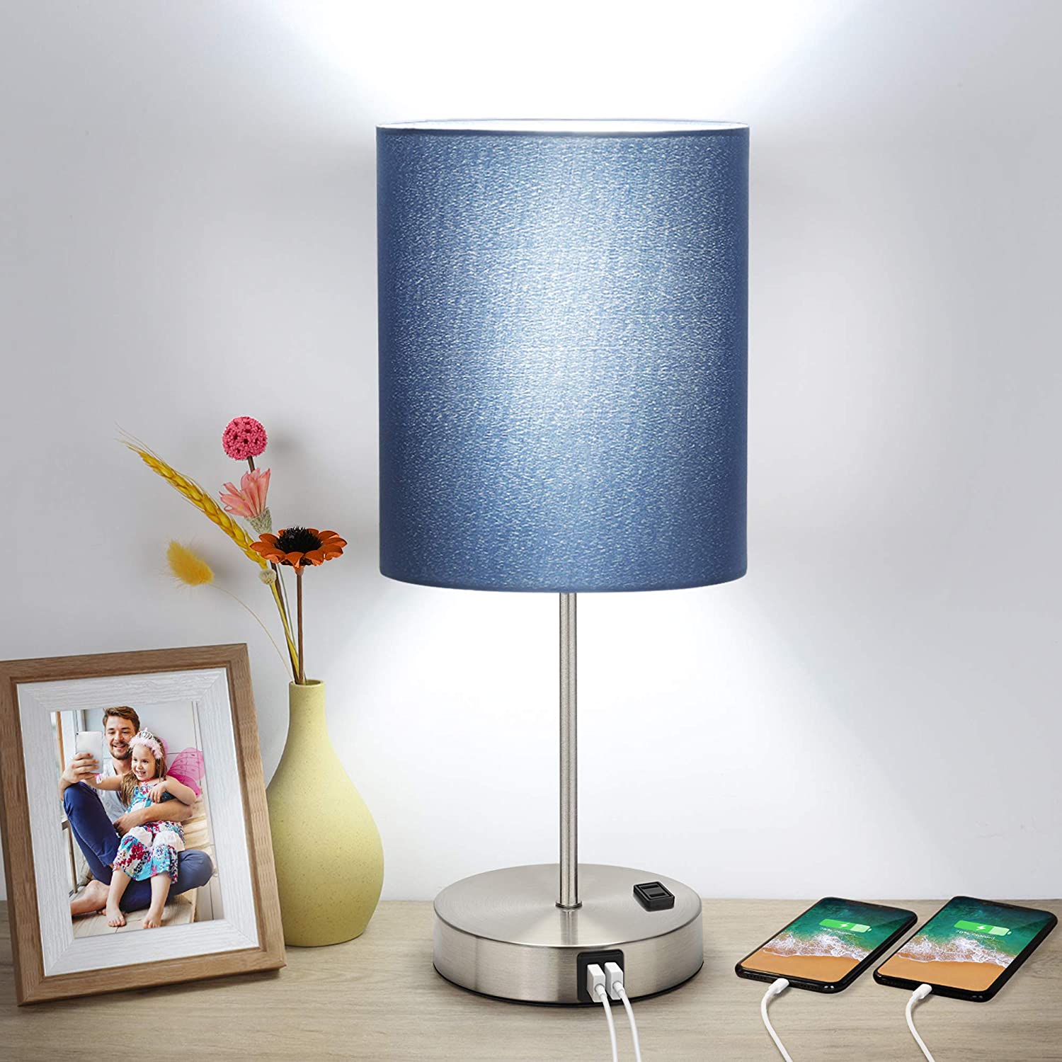 Photo 1 of Touch Control Table Lamp 3 Way Dimmable Bedside Desk Lamp with 2 USB Ports  AC Outlet Blue Fabric Shade Modern Nightstand Lamp for Bedroom Living Room 60W 5000K Daylight LED Bulb Included Silver