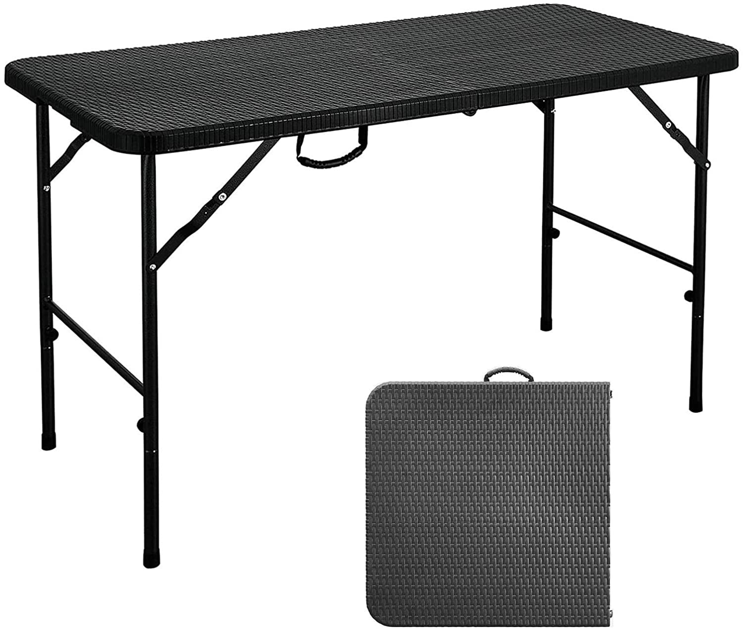 Photo 1 of Folding Table Small Portable Foldable Table with Carrying Handle 4 Ft Black Square Plastic Faux Rattan FoldinHalf Camping Picnic Table Fold Up Computer Table for Game Lightweight Only 17lbs