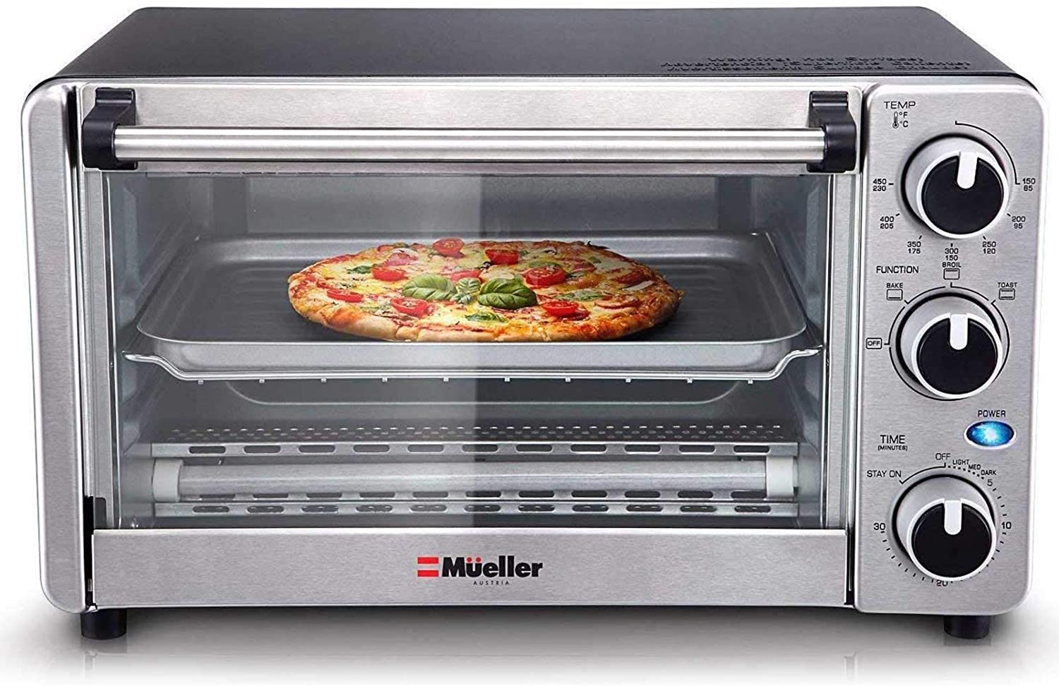 Photo 1 of Toaster Oven 4 Slice Multifunction Stainless Steel Finish with Timer  Toast  Bake  Broil Settings Natural Convection  1100 Watts of Power Includes Baking Pan and Rack by Mueller Austria