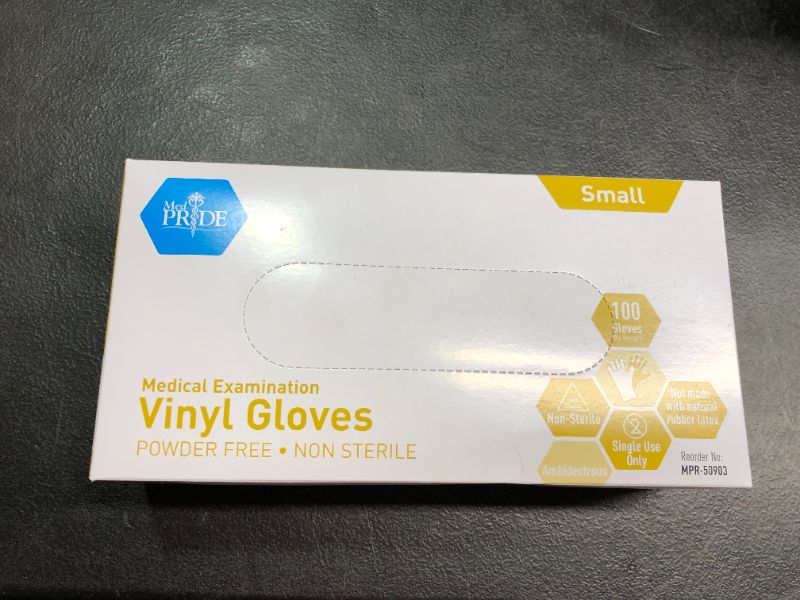 Photo 2 of Medpride Medical Vinyl Examination Gloves Small 100Count Latex Free Rubber  Disposable UltraStrong Clear  Fluid Blood Exam Healthcare Food Handling Use  No Powder