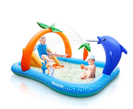 Photo 1 of Homech Inflatable Play Center Pool Seaside Water Play Center with Water Slide Coconut Palm Sprinkler Ball Toss Game Ring Toss Game for Kids Children Ages 3 95 x 75 x 40