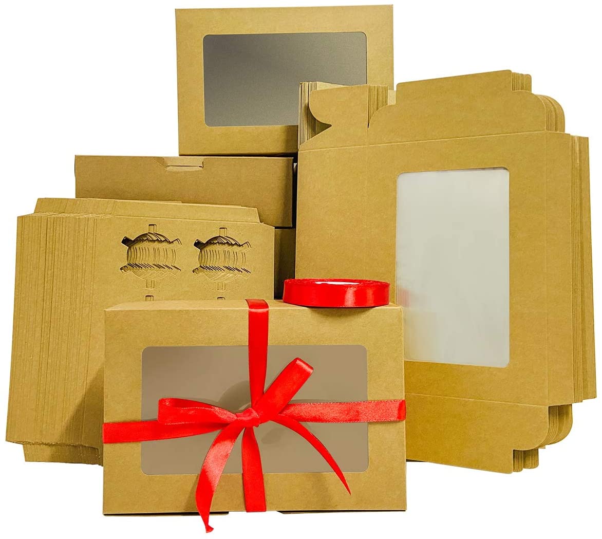 Photo 1 of 24 Pack Kraft Cupcake Boxes 6 Count with inserts and Window 95 X 65 X 3 Bakery Boxes with Satin Ribbon Included for Muffins or Pastries by Kmatee